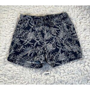 Briggs Womens Shorts Small Navy Blue White Hawaiian Floral Pockets Linen Drawstr